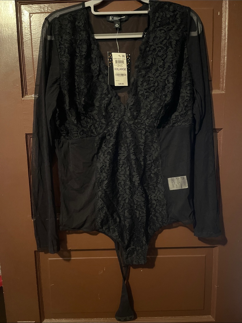 INC International Concepts Black Lace V-Neck Long Sleeve Bodysuit
